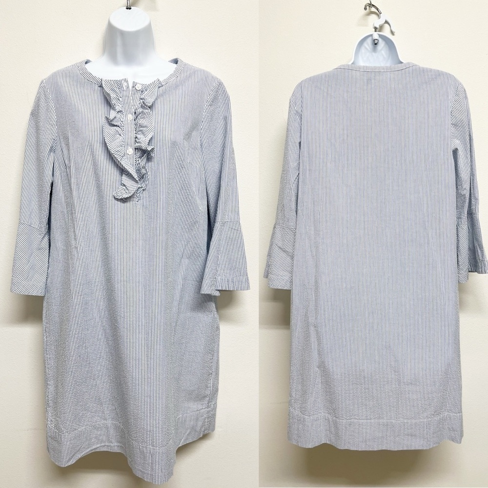 Draper James Womens Blue White Seersucker Ruffle Sleeve Collar Shift Dress - Picture 2 of 8